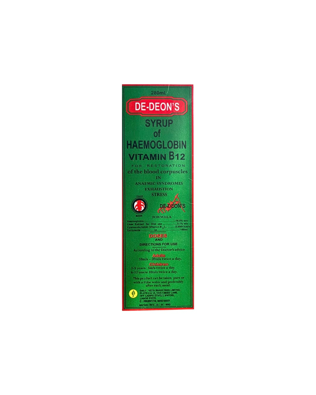 De-DeonΓÇÖs syrup of haemoglobin vitamin b12 280ml